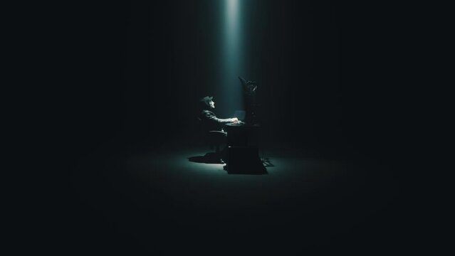 Cyberspy in an anonymous mask typing on the keyboard and attacking system data on a computer in the darkness during a cybercrime at night