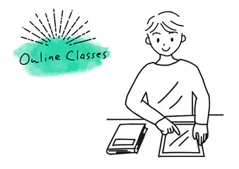 オンライン授業のシンブル線画イラスト