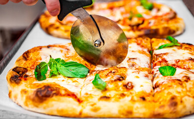 chef hand with cutter cutting roman pizza to pieces at pizzeria