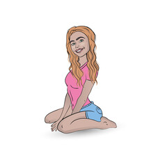 Cute cartoon girls on the beach. Summer holidays vector illustration.