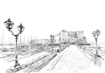 Castel del ovo. Naples. Italy. Hand drawn landmark sketch. Vector illustration. - 486878430