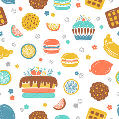 Sweet Food Vector Background. Confectionery Seamless Pattern. Birthday Chocolate Cake, Cupcake, Croissant, Oatmeal Cookies, Waffles, Macaroon Cookie and Lemon Fruit.