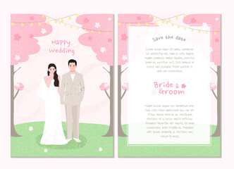 Cute cartoon wedding invitation pink pastel theme, bride and groom standing in the garden, wedding card template.