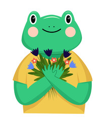 Cartoon happy frog holding flowers. Vector illustration. Cute character.