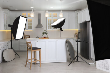 Professional photo studio equipment prepared for shooting kitchen interior