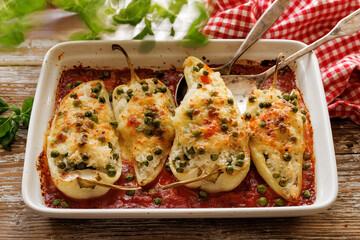 Baked peppers stuffed with rice with green peas, seasoned with garlic and herbs, baked with mozzarella cheese in tomato sauce, close up view