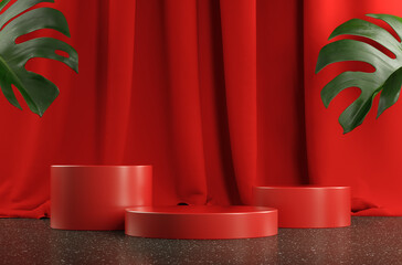3D Rendering Minimal Template Red Stand Display, Curtain Monstera Plant Abstract Background