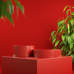3D Rendering Mockup Red Podium Display, Blur Tropic Plant Background