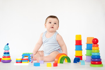 Baby Educational Toys, Kid Play Colorful wooden toys on white background Children Education