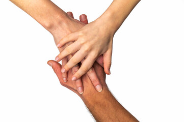Drei Hände eines Vaters, einer Mutter und des gemeinsamen Kindes als Symbol für den Zusammenhalt...