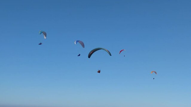 Many paragliders fly over the top of the mountain. Parachutes or paragliding experience. Adrenaline and extreme. Ukraine, the city of Izyum, mountain "Kremyanets" February 13, 2022.