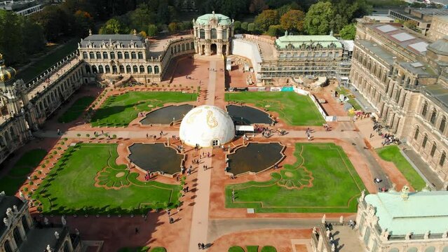 Drone shot Dresden. View from the Zwinger drone. Architectural complex of palace buildings in Dresden.
Porcelain Museum.
Gallery of old masters in Dresden.
State art collections of Dresden. 