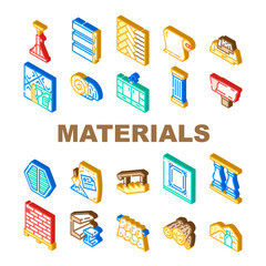 Building Materials And Supplies Icons Set Vector. Brick And Sand, Lumber And Plywood, Flooring And Roof Building Materials Line. Kitchen And Bath Cabinets Furniture Isometric Sign Color Illustrations