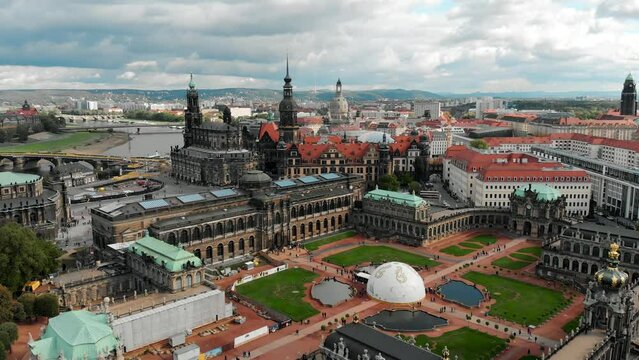Drone shot Dresden. View from the Zwinger drone. Architectural complex of palace buildings in Dresden.
Porcelain Museum.
Gallery of old masters in Dresden.
State art collections of Dresden. 