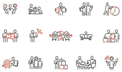 Vector set of linear icons related to business leadership, relationship, human resource management, cooperation and team work. Mono line pictograms and infographics design elements - part 2