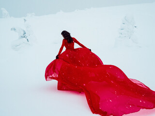 Young beautiful woman in long red dress over winter hill background and snowfall. Fairy tale girl...