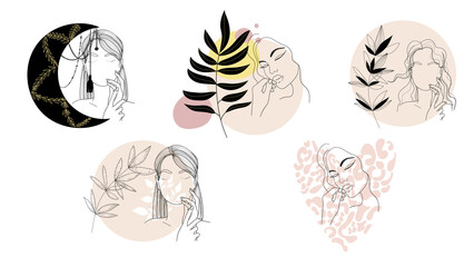 Woman face. Portrait minimalistic style. Nature symbol of cosmetics. Minimal print.