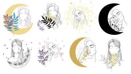 Woman face. Portrait minimalistic style. Nature symbol of cosmetics. Minimal print.