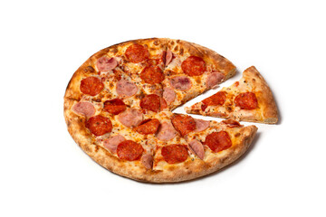 Italian pizza with melted mozzarella cheese, sausage slices, bacon on a thick crust