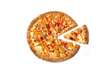 Italian pizza topped with brown sauce with melted mozzarella cheese and sweet Bulgarian red pepper, sausage, bacon on a thick crust