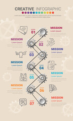 Gear infographics for presentation 7 steps. Cogwheel transmission connecting mechanical, EPS 10.