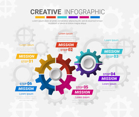 Gears cogwheels 6 steps for Infographic template, Engineering tech progress business presentation start-up vector concept.