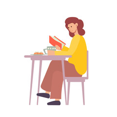 Woman sitting on chair and reading a book next to the table with coffee and cakes. Reading, studying concept. Flat vector illustration