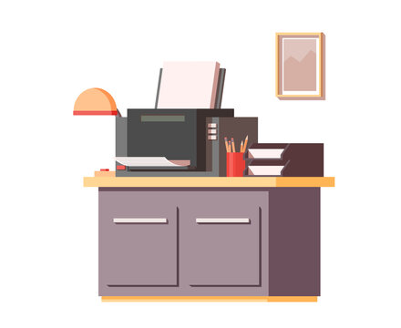 Modern printer and office supplies on table. Vector illustration