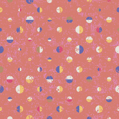 Colourful retro seamless geometric vector pattern with polka dots on mottled background. Playful stylish texture for wallpaper, wrapping paper and fashion fabrics.