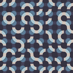 Elegant Truchet seamless vector pattern - geometric background with tiled wavy shapes and blue concentric circles. Modern illustration for prints, home decor, fashion fabric and carpet design.