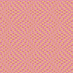 Vintage seamless vector pattern with waves of little orange and yellow hearts on pink background. Perfect for printing on fabric, wrapping paper, wallpaper, Valentine and wedding backgrounds.