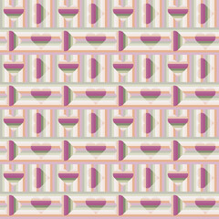 Seamless vector pattern with geometric striped hearts on striped background in pastel spring colours. Great for fashion, Valentine, wedding and birthday cards, posters and wrapping paper.