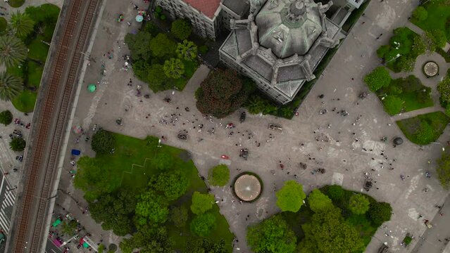 Aerial view of people walking at Botero square, Medellin, Colombia