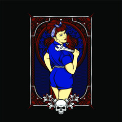 garage girl with rockabilly fashion illustration with awesome background