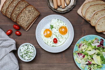 A breakfast table with various food.