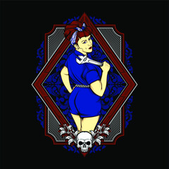 Obraz premium garage girl with rockabilly fashion illustration with awesome background