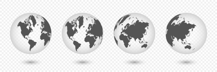 Earth globes. Set of realistic globe shaped world map.3d globe icon. Vector