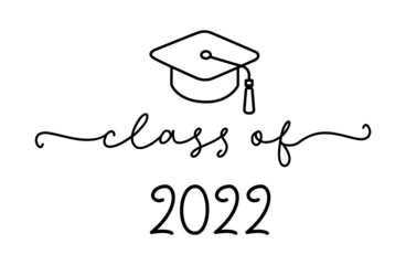 CLASS OF 2022. Graduation logo with cap and diploma for high school, college graduate. Template for graduation design, party. Hand drawn font for yearbook class of 2021. Vector illustration.