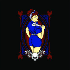 garage girl with rockabilly fashion illustration with awesome background