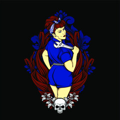 garage girl with rockabilly fashion illustration with awesome background