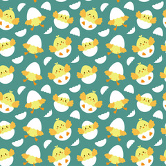 Seamless pattern with the image of newborn chickens in an eggshell. Easter design. Design for paper, textile and decor. Vector illustration.