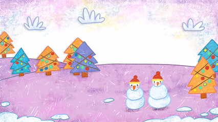Snowman Winter Christmas Holiday Season Crayon Drawing and Doodling Hand-drawn Illustration Background art. 