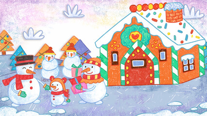 Snowman Family Outside of a Gingerbread House. Winter Christmas Holiday Season Crayon Drawing and Doodling Hand-drawn Illustration. 