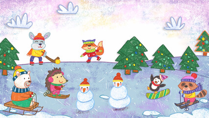Animals Skating Winter Christmas Holiday Season Crayon Drawing and Doodling Hand-drawn Illustration. 