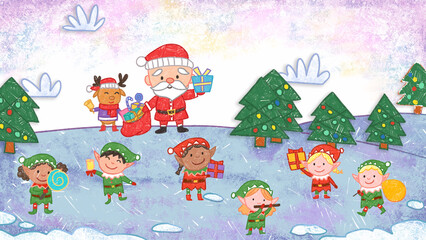 Winter Christmas Holiday Season Crayon Drawing and Doodling Hand-drawn Illustration. Santa, Elk, and Elves with Gift.