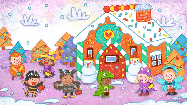 Children Costume Outside of a Gingerbread House. Winter Christmas Holiday Season Crayon Drawing and Doodling Hand-drawn Illustration. 