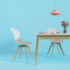 Dining table with chairs, lamp bouquet of flowers and dinnerware on blue background. 3D render. 3D illustration.