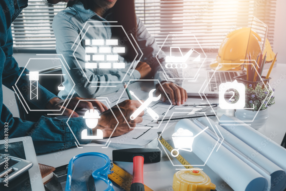 Poster construction team worker working in office with engineering tools with vr screen building icon, blue