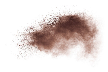 Freeze motion of brown color powder exploding on white background. 