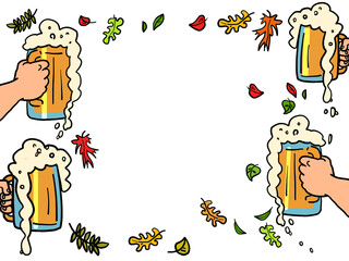 Beer mugs with foam background, pub restaurant beer party, oktoberfest